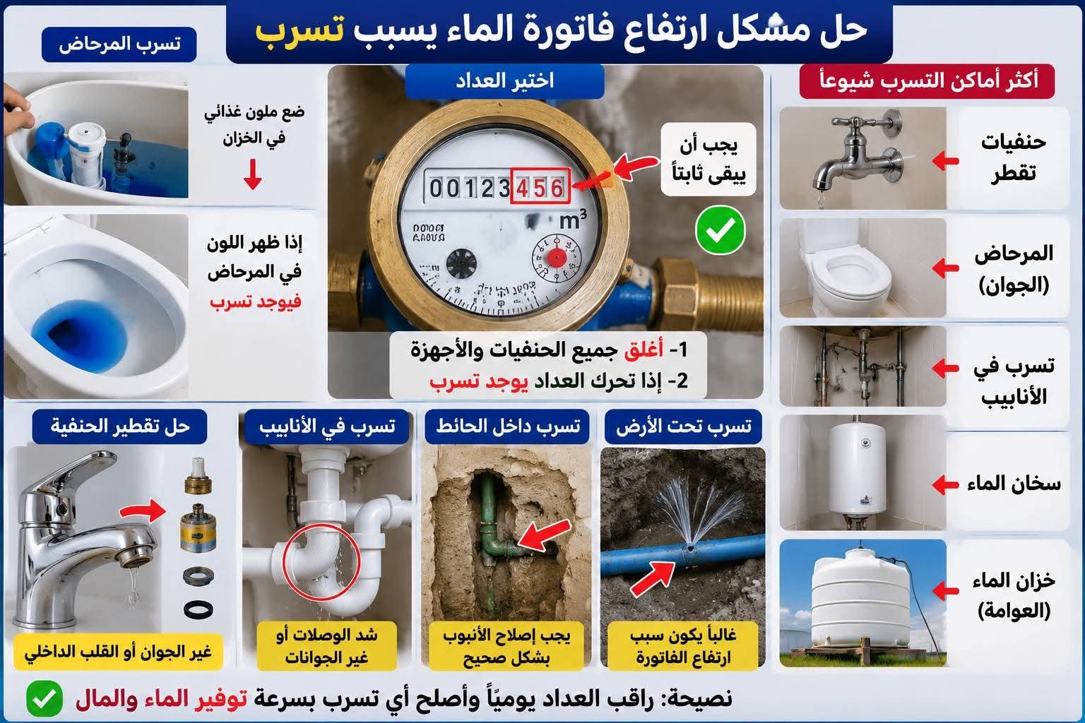 إذا طلعات فاتورة الماء بشكل غير عادي، ففي الغالب كاين تسرب مخفي. قبل م...