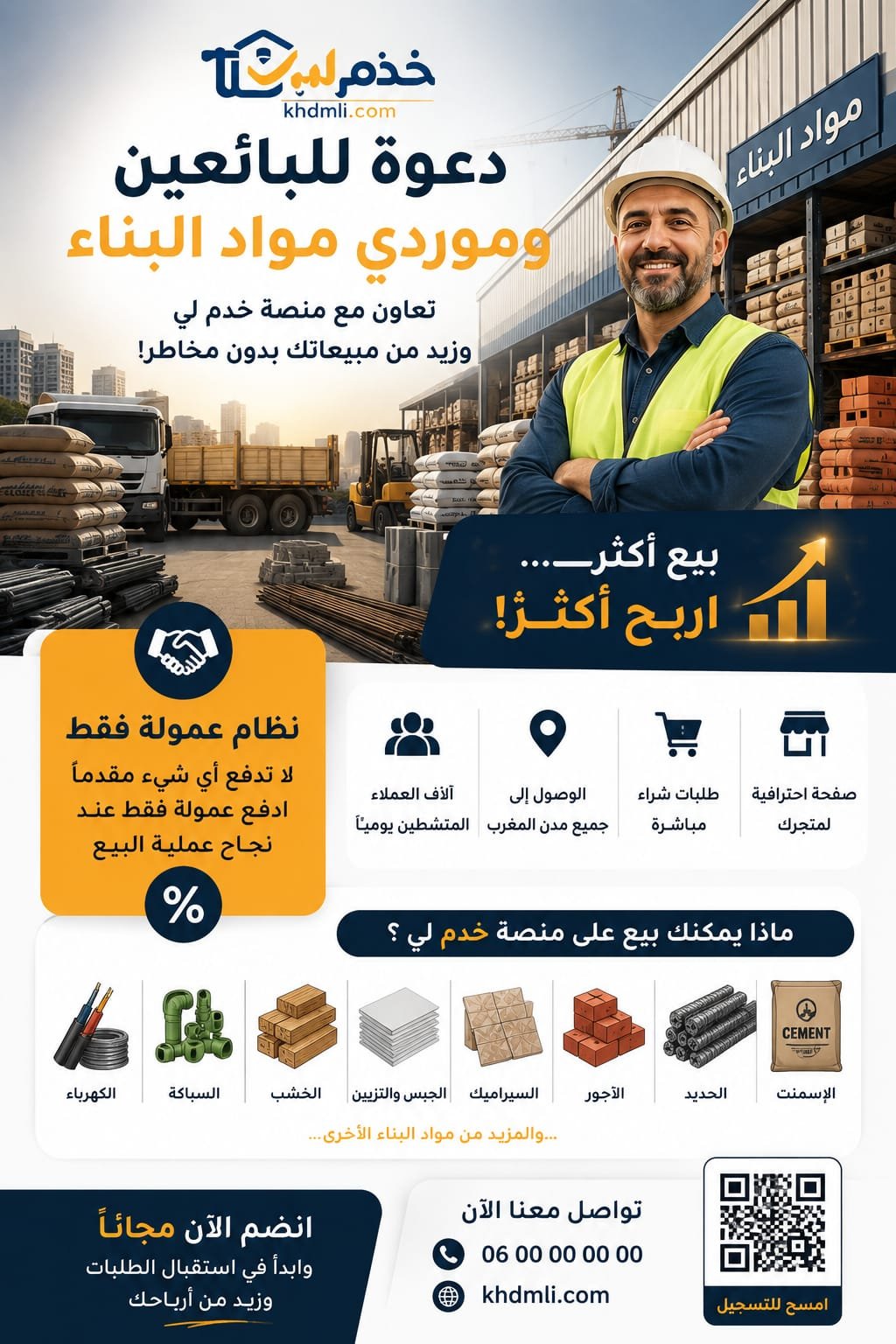 🏗️ دعوة لموردي وبائعي مواد البناء بالمغرب

هل تبيع الإسمنت، الحديد، ال...